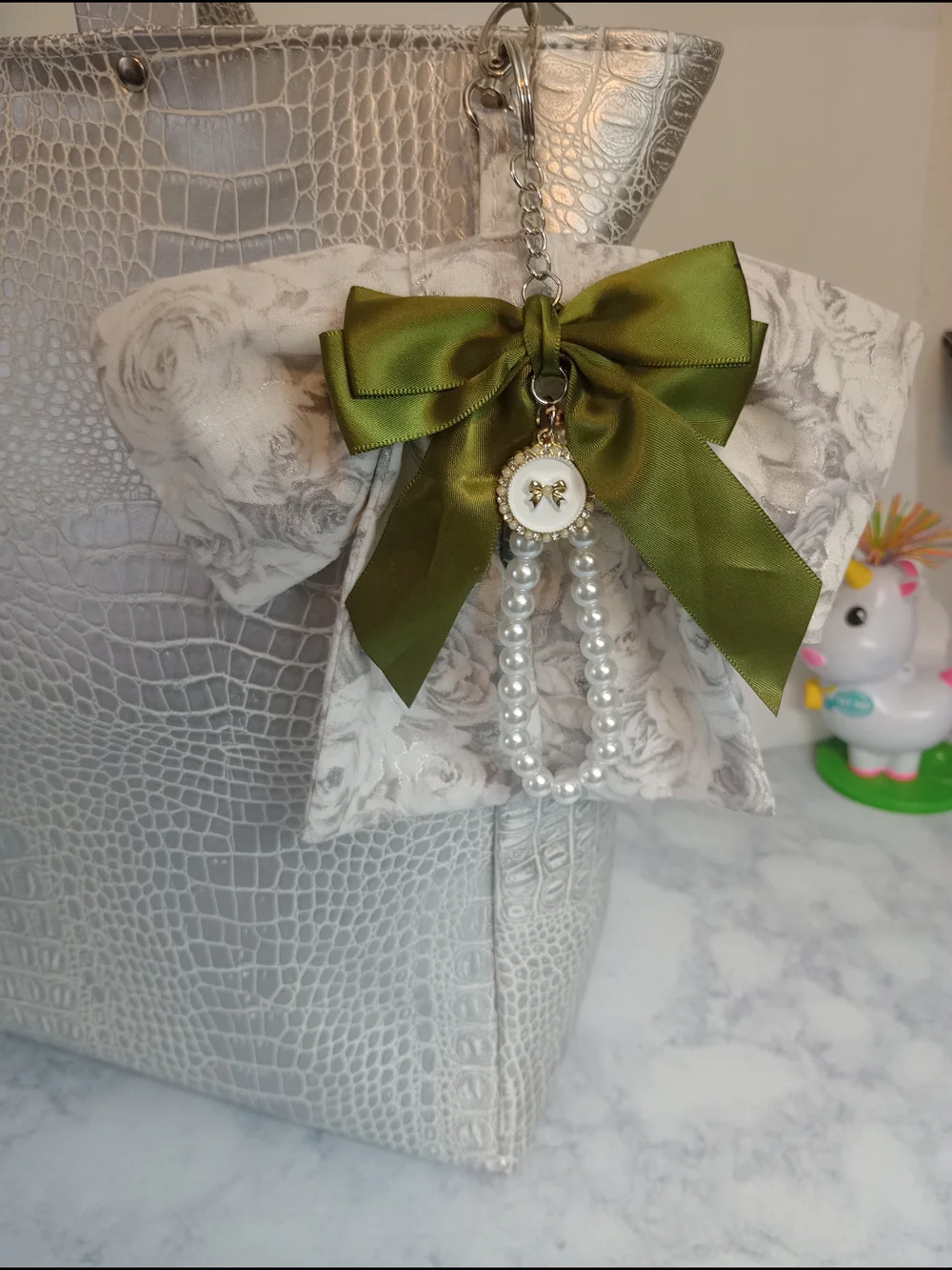 Handmade Silver Croc-Embossed Laptop Bag, Tote with Removable Bow Keychain Charm